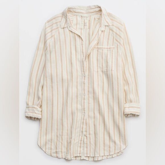 aerie XS Ivory Tan Vertical Stripe Pool-to-Party Linen Blend Cover up Shirt - Picture 10 of 17